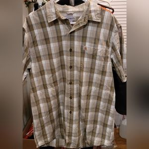 Carhartt Mens plaid relaxed fit short sleeve shirt Sz L beige white